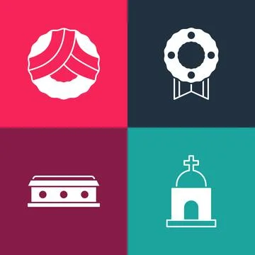 Set pop art Old crypt, Coffin with cross, Memorial wreath and icon. Vector Ilustración de archivo