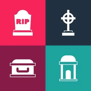 Set pop art Old crypt, Coffin with cross, Grave and Tombstone RIP written i.. Ilustración de archivo