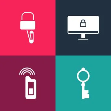 Set pop art Old key, Car with remote, Lock on computer monitor and picks for Stock Illustration