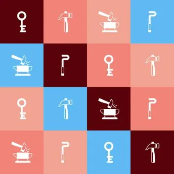 Set pop art Old key, Hammer, Anvil and hammer and Fire poker icon. Vector Stock Illustration