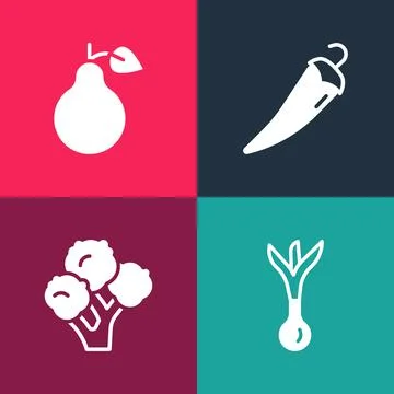 Set pop art Onion, Broccoli, Hot chili pepper and Pear icon. Vector Ilustración de archivo