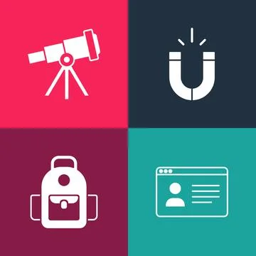 Set pop art Online class, School backpack, Magnet and Telescope icon. Vector Stock Illustration