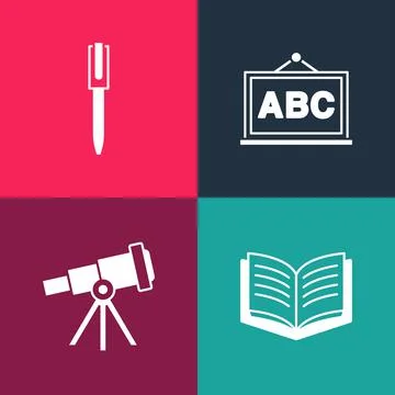 Set pop art Open book, Telescope, Chalkboard and Pen icon. Vector Stock Illustration