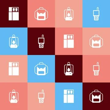 Set pop art Open matchbox and matches, Hiking backpack, Camping lantern and Stock Illustration
