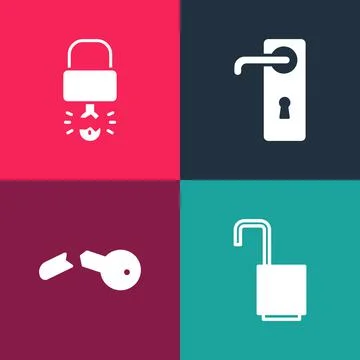 Set pop art Open padlock, Broken key, Door handle and Key broke inside of icon 스톡 일러스트