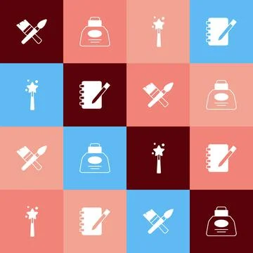 Set pop art Paint brush, Inkwell, Magic wand and Notebook icon. Vector Stock Illustration