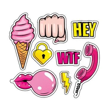 Set pop art patch graphic and message Illustrazione stock