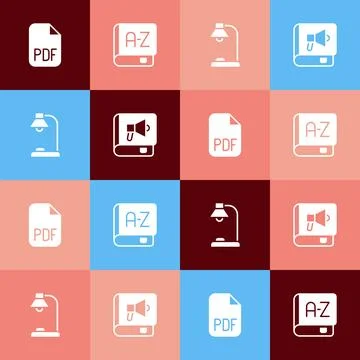 Set pop art PDF file document, Translator book, Table lamp and Book icon. Vector Illustrazione stock