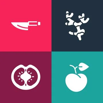 Set pop art Peach fruit or nectarine, Tomato, Ginger root and Knife icon. V.. Stock Illustration
