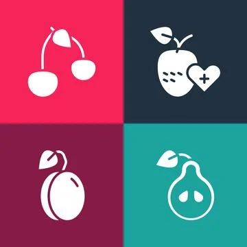 Set pop art Pear, Plum fruit, Healthy and Cherry icon. Vector Stock Illustration