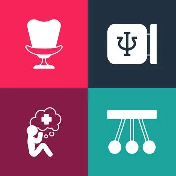 Set pop art Pendulum, Helping hand, Psychology, Psi and Armchair icon. Vector Illustrazione stock