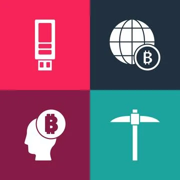 Set pop art Pickaxe, Bitcoin think, Globe and USB flash drive icon. Vector 스톡 일러스트