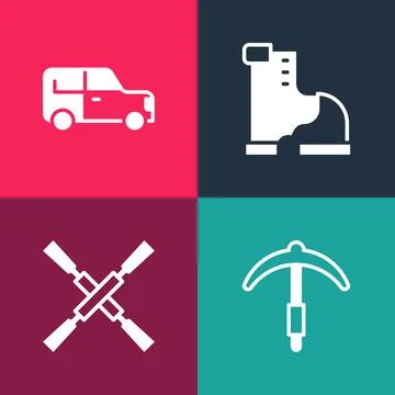 Set pop art Pickaxe, Oars or paddles boat, Winter warm boot and Car icon. Vector Stock-Illustration
