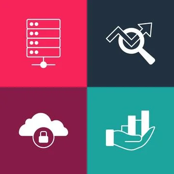 Set pop art Pie chart infographic, Cloud computing lock, Search data analys.. Stock Illustration