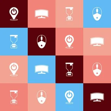 Set pop art Power button, Computer monitor, Award cup and mouse icon. Vector Stock Illustration