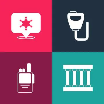 Set pop art Prison window, Walkie talkie, and Hexagram sheriff icon. Vector Stock Illustration