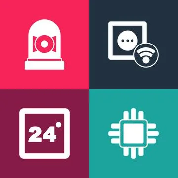 Set pop art Processor with CPU, Thermostat, Smart electrical outlet and Ringing 库存插图