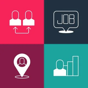 Set pop art Productive human, Worker location, Search job and Exchange work icon Stock Illustration