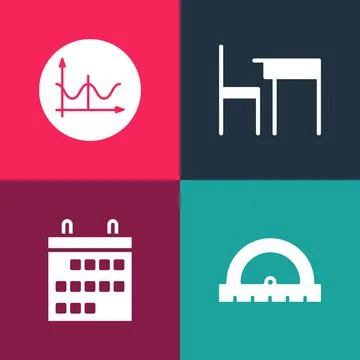 Set pop art Protractor, Calendar, School table and chair and Graph, schedule イラスト素材