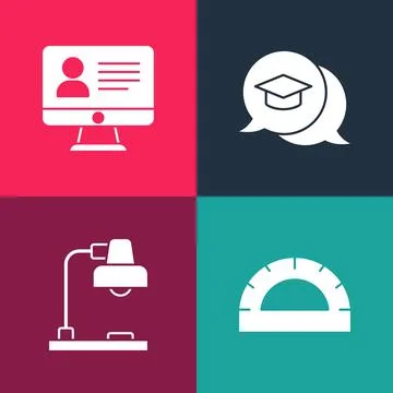 Set pop art Protractor grid, Table lamp, Graduation cap in speech bubble and Stock Illustration