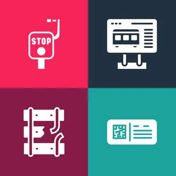 Set pop art QR code ticket train, Broken rails on railway, Ticket office to buy Stockillustratie