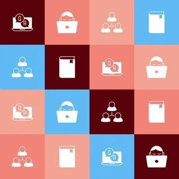 Set pop art Question and Answer, Student working at laptop, Online class and Stock Illustration