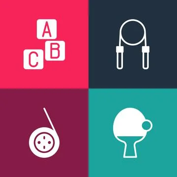 Set pop art Racket and ball, Yoyo toy, Jump rope and ABC blocks icon. Vector Stockillustratie