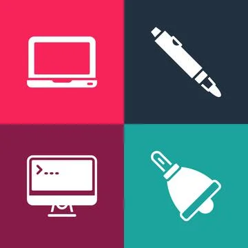Set pop art Ringing bell, Computer monitor, Marker pen and Laptop icon. Vector Stock Illustration