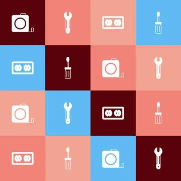 Set pop art Roulette construction, Wrench spanner, Electrical outlet and Stock Illustration