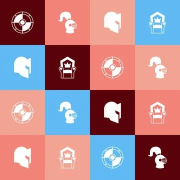 Set pop art Round shield, Medieval helmet,  and throne icon. Vector Stock Illustration