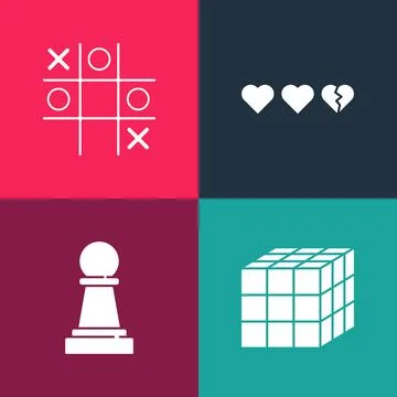 Set pop art Rubik cube, Chess, Hearts for game and Tic tac toe icon. Vector Stock Illustration
