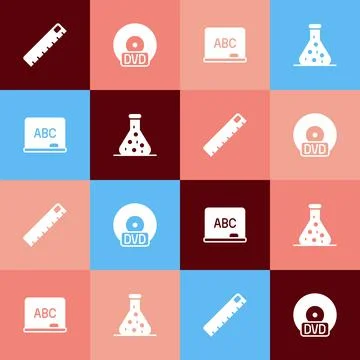 Set pop art Ruler, CD or DVD disk, Chalkboard and Test tube icon. Vector Illustrazione stock