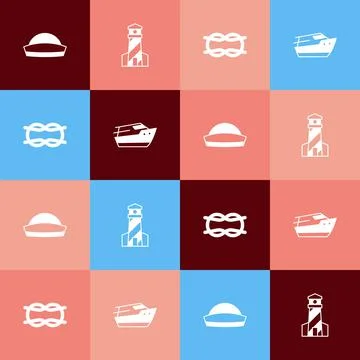 Set pop art Sailor hat, Lighthouse, Nautical rope knots and Speedboat icon Ilustración de archivo