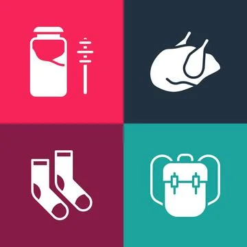 Set pop art School backpack, Socks, Roasted turkey or chicken and Jar of honey Stock Illustration
