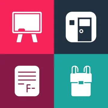 Set pop art School backpack, Exam paper with incorrect answers, classroom and 스톡 일러스트