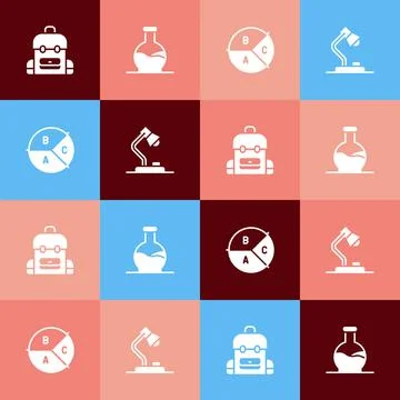 Set pop art School backpack, Test tube, Pie chart infographic and Table lamp  Stock Illustration