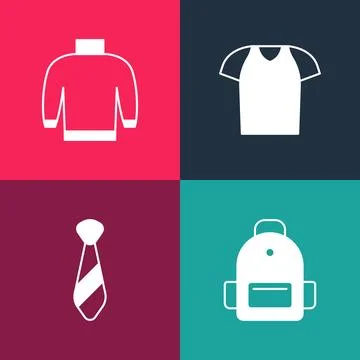 Set pop art School backpack, Tie, T-shirt and Sweater icon. Vector Illustrazione stock