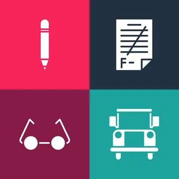 Set pop art School Bus, Glasses, Exam paper with incorrect answers and Pencil 스톡 일러스트