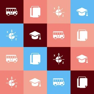 Set pop art School Bus, File document, Trigonometric circle and Graduation cap Illustrazione stock