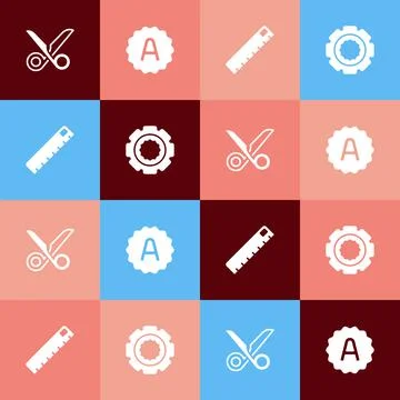 Set pop art Scissors, Exam sheet with A plus grade, Ruler and Gear icon. Vector Stock Illustration