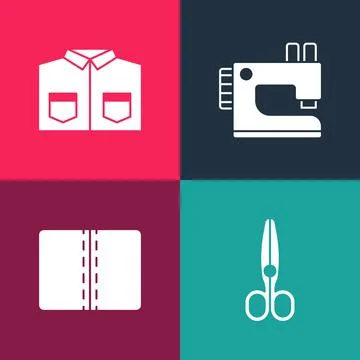 Set pop art Scissors, Textile fabric roll, Sewing machine and Shirt icon. Vector Stock Illustration