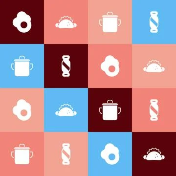 Set pop art Scrambled egg, Taco with tortilla, Cooking pot and Candy icon Ilustração Stock