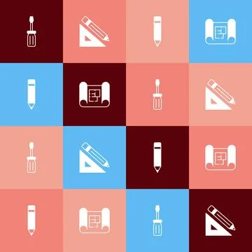 Set pop art Screwdriver, Triangular ruler and pencil, Pencil with eraser and Stock Illustration