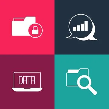 Set pop art Search with folder, Data analysis, Pie chart infographic and Folder Illustrazione stock