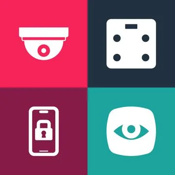 Set pop art Security camera, Digital door lock, Smart bathroom scales and Motion Stock Illustration