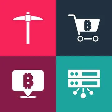 Set pop art Server, Bitcoin, Shopping cart with bitcoin and Pickaxe icon. Vector Illustrazione stock