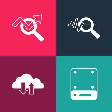 Set pop art Server, Cloud download and upload, Search data analysis and  icon Stock Illustration