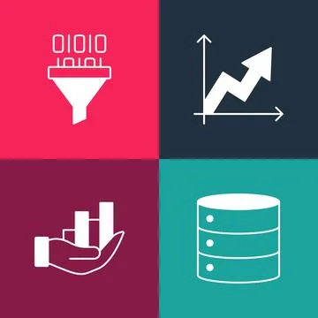 Set pop art Server, Pie chart infographic, Financial growth and Binary code icon Stock Illustration