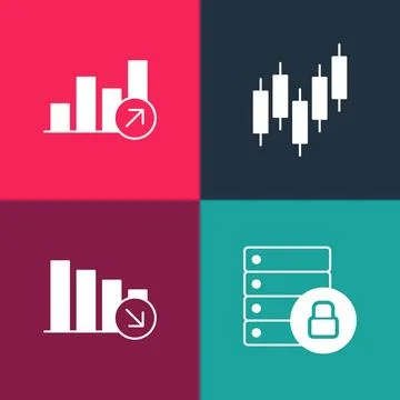 Set pop art Server security with padlock, Financial growth decrease, Browser イラスト素材