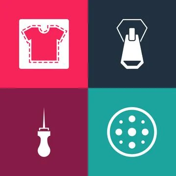 Set pop art Sewing button, Awl tool, Zipper and pattern icon. Vector Stock Illustration